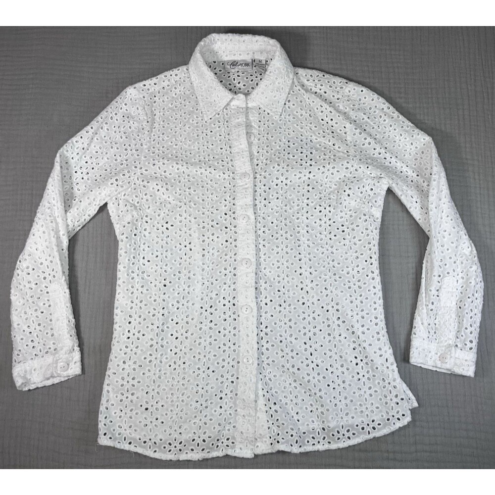 Cali & York White Cotton Eyelet Button Blouse Women Sz M Spring Costal Work Boho